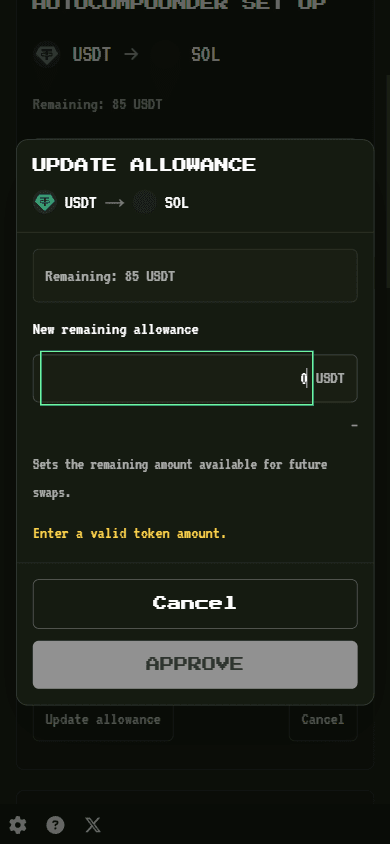 Allowance dialog rejects zero and keeps Approve disabled